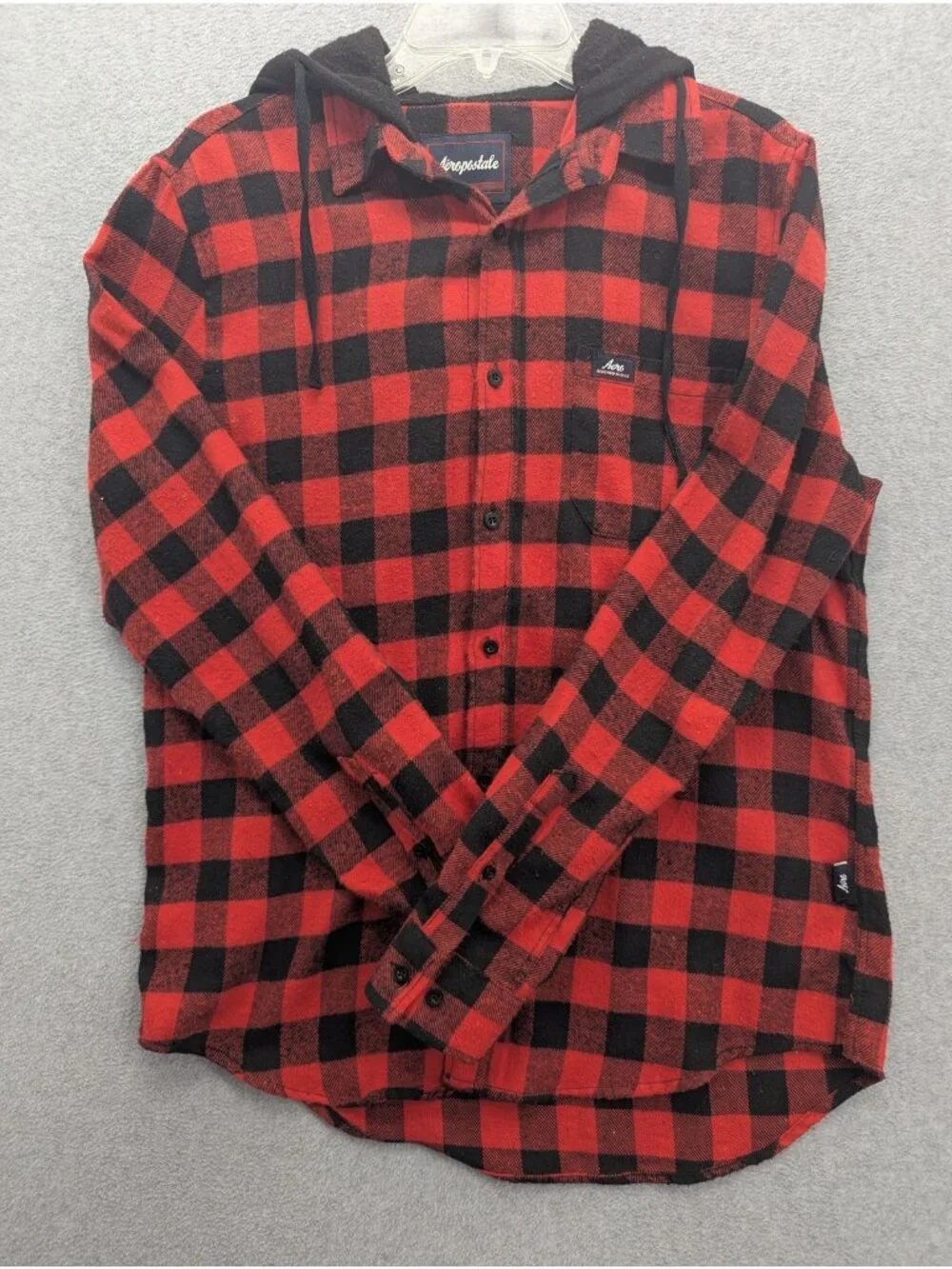 Aeropostale Shirt Mens Medium Red Black Plaid Flannel Hooded Button Up Casual